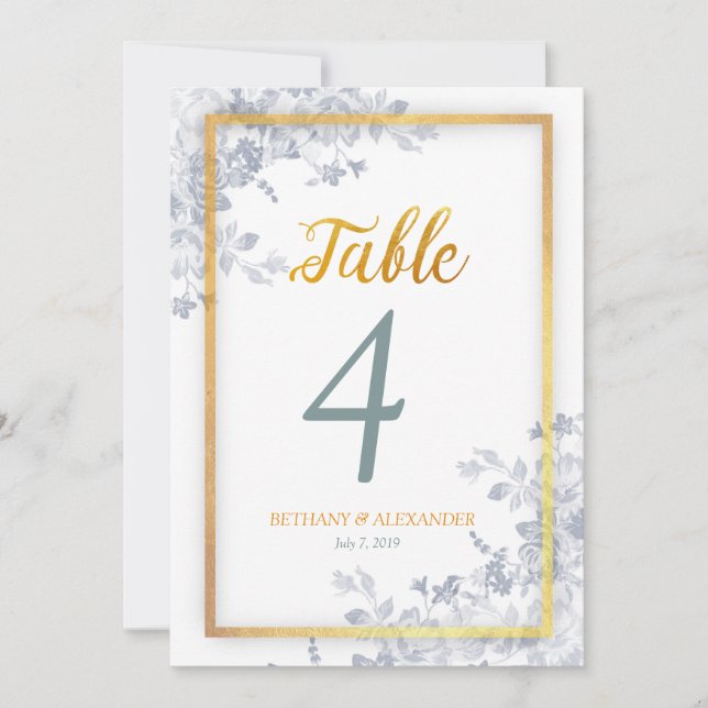 Flores Glam Marco Dorado Caligrafía Número de Mesa (Anverso)
