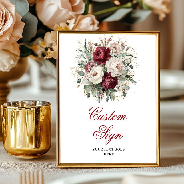 Flores Granate Clásicas Señal Personalizada Eucali (Classic Maroon Flowers Eucalyptus Gold Custom Poster)