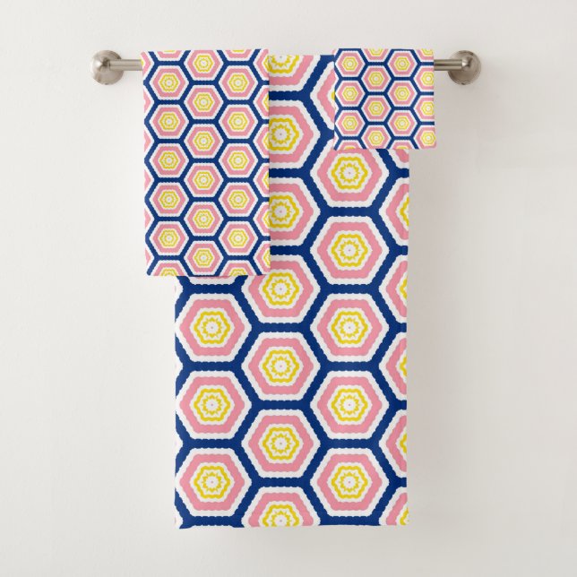 Flores hexagonales patrón azul rosa amarillo (In situ)