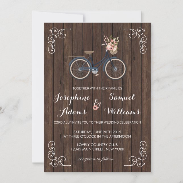 Flores Invitación a la Boda de Madera Bicicleta (Anverso)