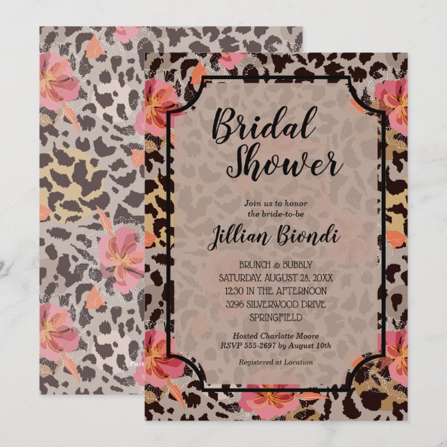 Flores Leopard Animal Print Bridal Shower Invita (Anverso / Reverso)