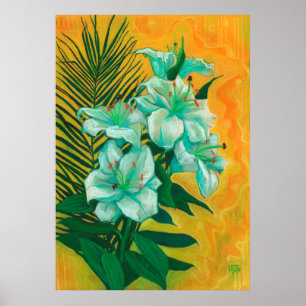 Flores Lily Palm Leaf, Pintura De Arte Floral Prim