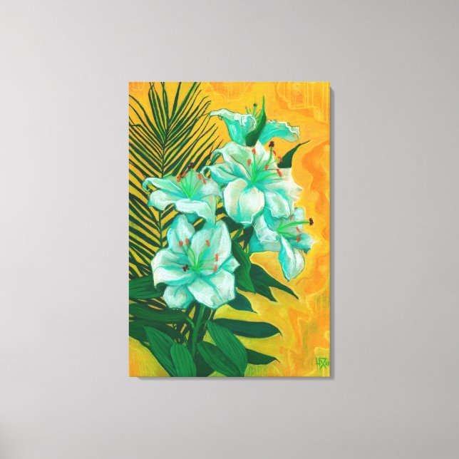 Flores Lily Palm Leaf, Pintura De Arte Floral Prim (Anverso)