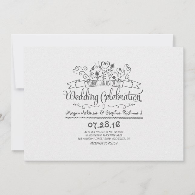 Flores manuscritas invitaciones modernas de boda c (Anverso)