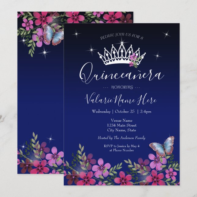 Flores Mariposa Quinceanera Invitación Presupuesta (Anverso / Reverso)