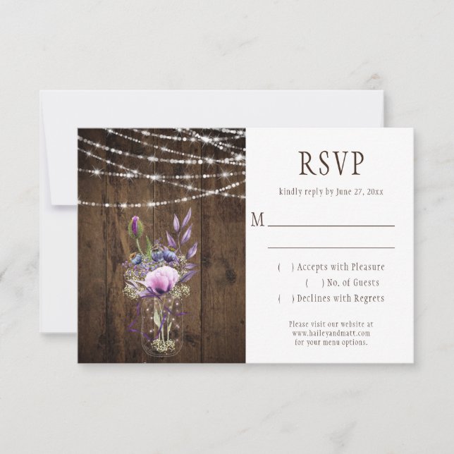 Flores Mason Jar RSVP de Barn Wood Violet Lavender (Anverso)