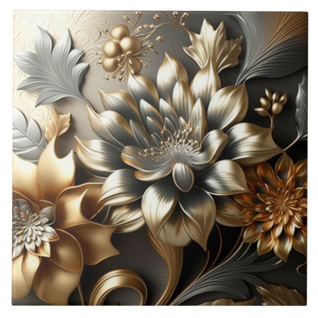 Flores modernas azulejos de cerámica dorada de pla (Frente)