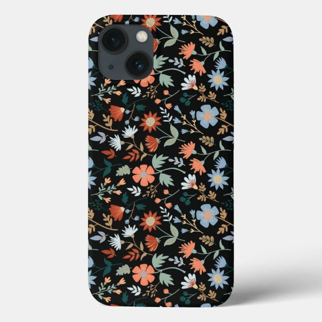 Flores modernas dejan a Naranja negro azul Funda G (Reverso)
