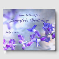 Flores moradas azules Libro de invitados de cumple