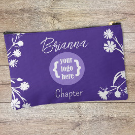 Flores moradas, blancas, bolsa de maquillaje con l