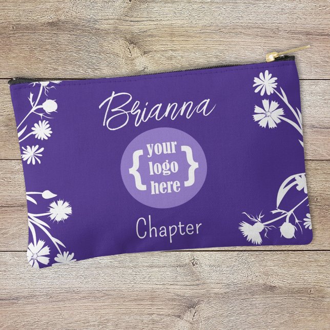 Flores moradas, blancas, bolsa de maquillaje con l (Personalized purple makeup bag, pencil pouch, zipper with girl's youth organization logo)