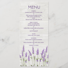 Flores moradas de lavanda en el menú Boda de mader