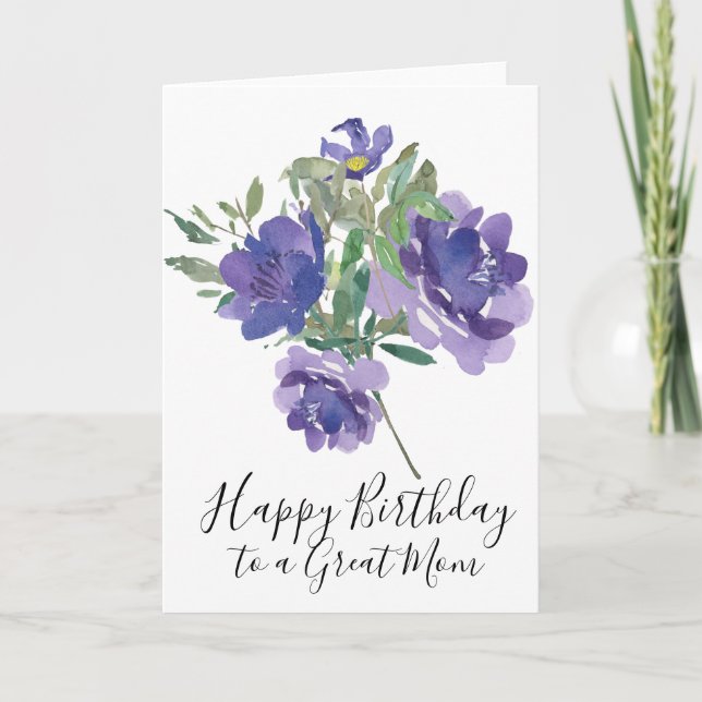 Flores moradas feliz tarjeta de cumpleaños para ma (Anverso)