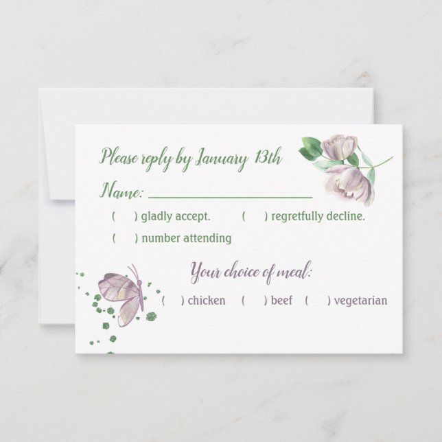 flores moradas hojas verdes mariposa tarjeta rsvp (Anverso)