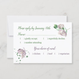flores moradas hojas verdes mariposa tarjeta rsvp