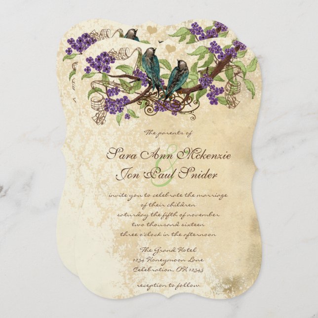 Flores moradas Invitación a la boda de aves Verde  (Anverso / Reverso)