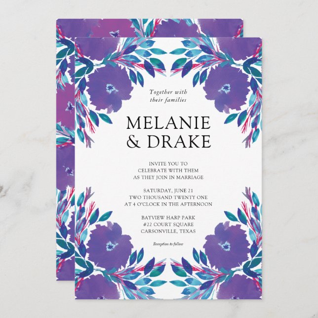 Flores moradas Invitación a la boda pintada a mano (Anverso / Reverso)
