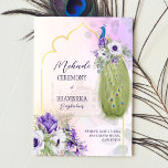 Flores moradas, invitación a los medios pavos real<br><div class="desc">Plantilla de invitación para el método de pavo real con flores moradas.</div>