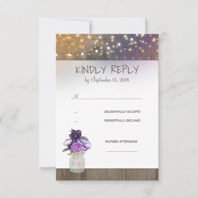 Flores moradas Mason Jar Wedding RSVP (Anverso)