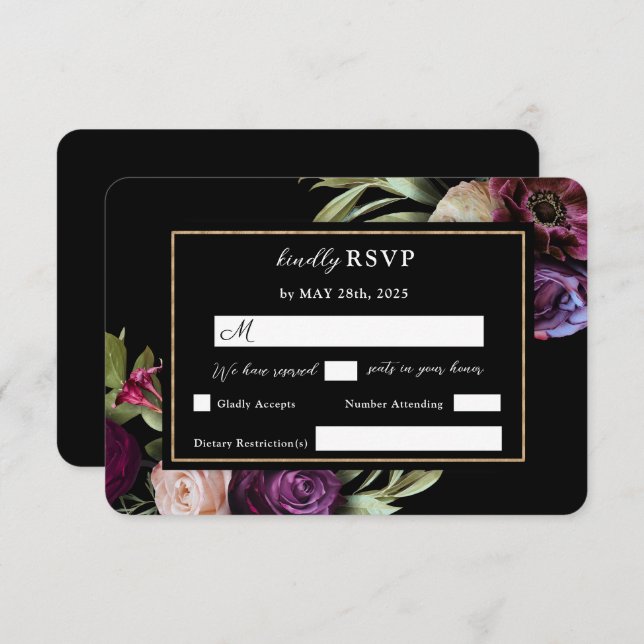 Flores moradas moradas oscuras tarjetas RSVP negra (Anverso / Reverso)