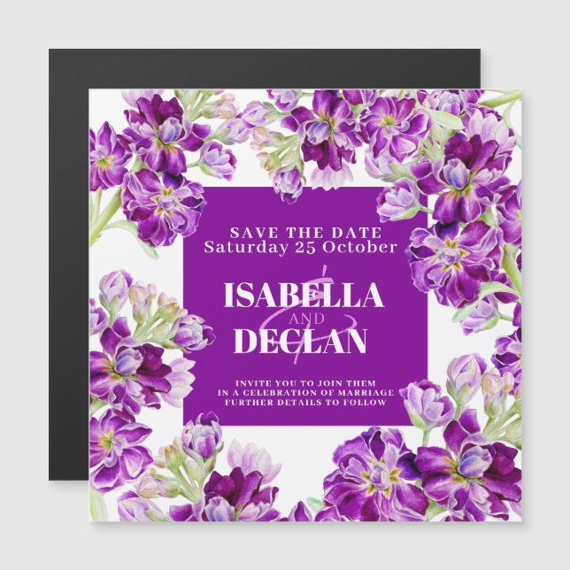 Flores moradas púrpura boda salvo la fecha (Anverso/Reverso)