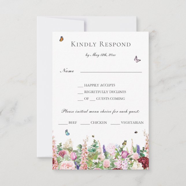 Flores moradas rosadas con menú mariposas RSVP (Anverso)