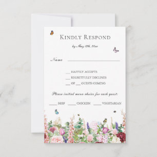 Flores moradas rosadas con menú mariposas RSVP