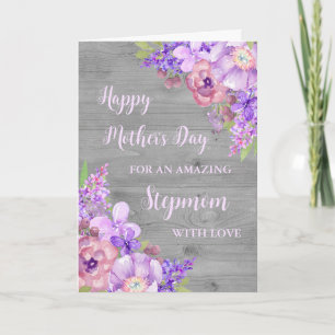 Flores moradas Stepmom feliz tarjeta del día de la