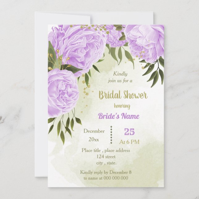 flores moradas verde invitación a la ducha de novi (Anverso)