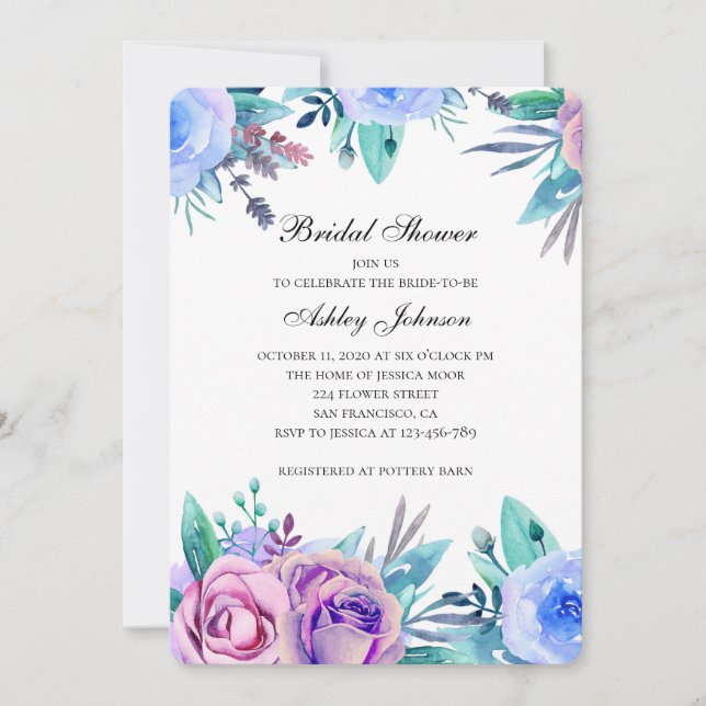 Flores moradas y azules invitación a la ducha de n (Anverso)