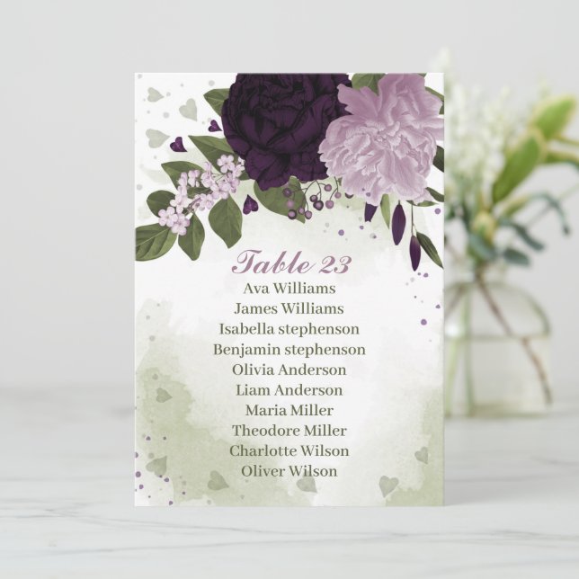 Flores moradas y oscuras tarjeta gráfica verde (Anverso de pie)