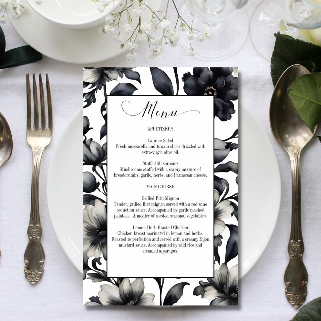Flores negras y blancas menú de bodas elegante (Black and white flowers elegant wedding menu car template)