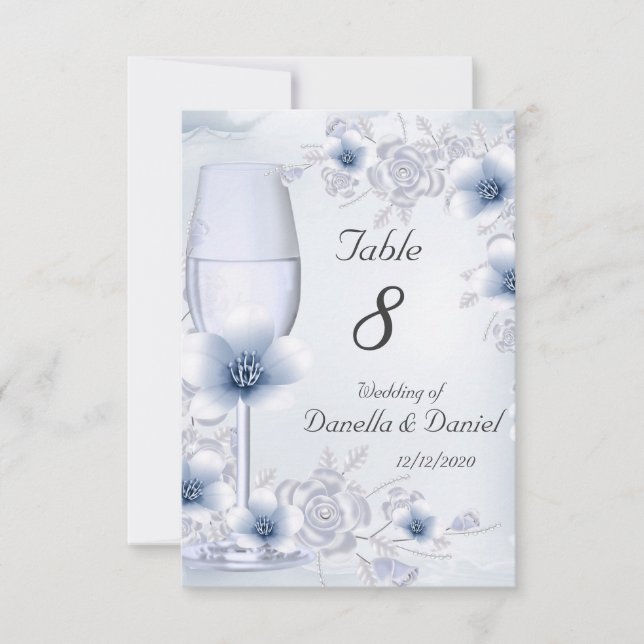Flores Número de Mesa de Boda Rosas Azules Platead (Anverso)