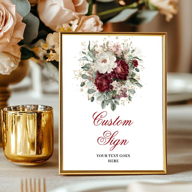 Flores Opulentas de Borgoña Señal Personalizada Bo (Opulent Burgundy Flowers Bohemian Gold Custom Sign)
