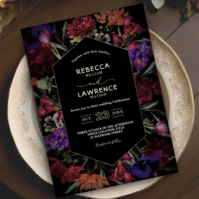 Flores oscuras y sombrías invitación de boda negra (Subido por el creador)