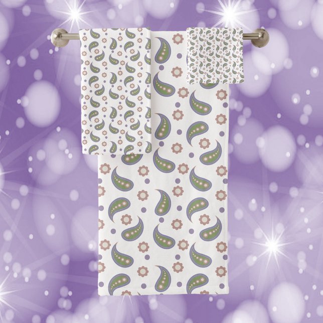 Flores Paisley Dots Green Purple Pink (A cute towel set with paisley, flowers and dots done in green, pink, purple & blue.)