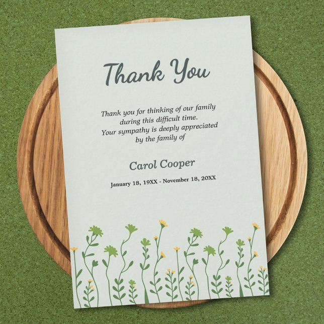 Flores pequeñas - Tarjeta de agradecimiento a los  (Small Flowers - Green Funeral Thank You Card)