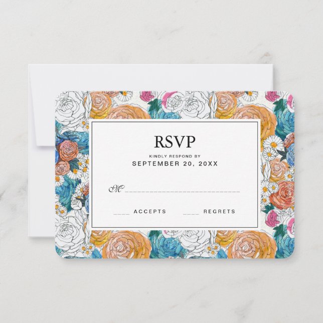 Flores pintadas de mano azul y Naranja - RSVP de b (Anverso)