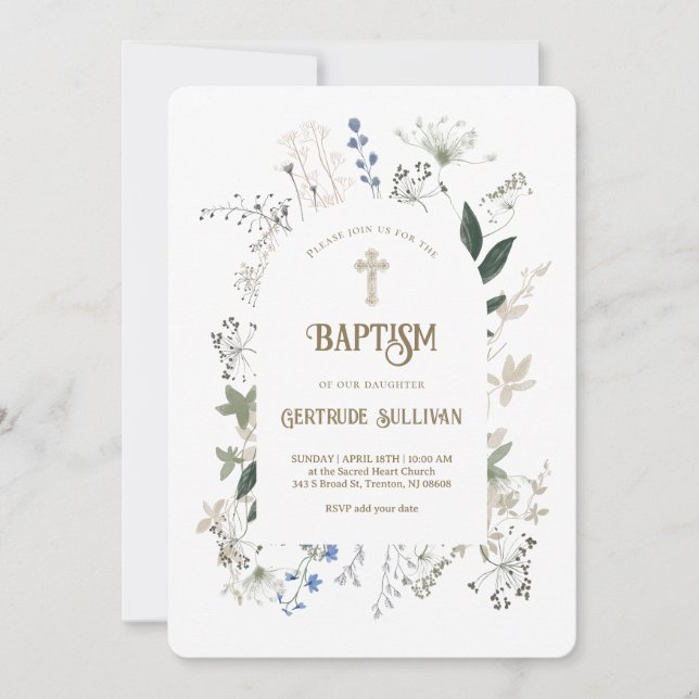 flores praderas marco bautismo Invitación (Anverso)