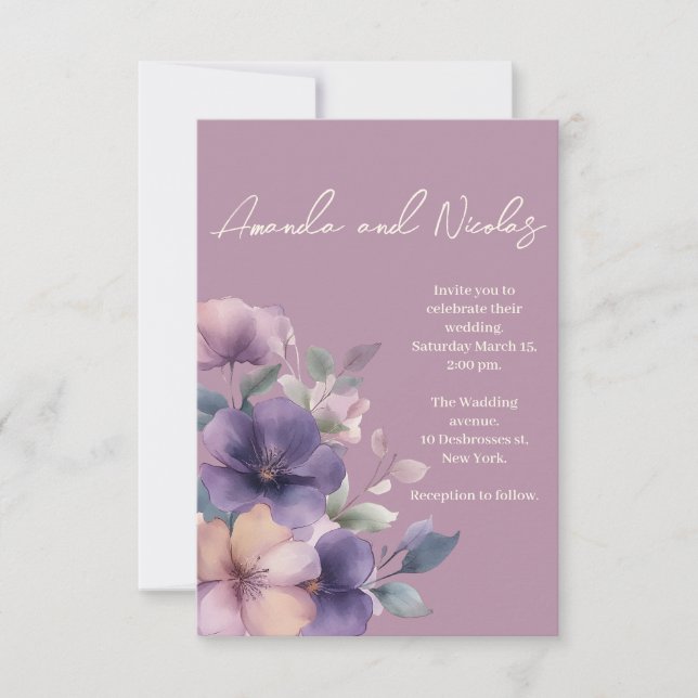 Flores puramente rosas en la invitación a la boda (Anverso)