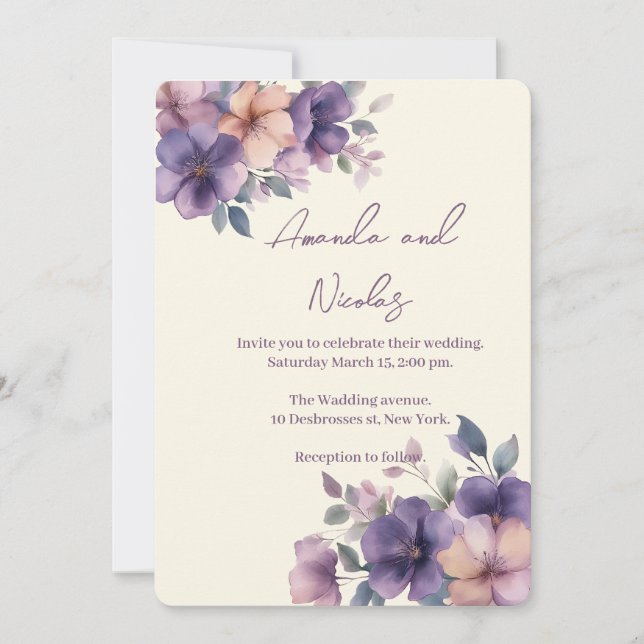 Flores puramente rosas en la invitación a la boda (Anverso)