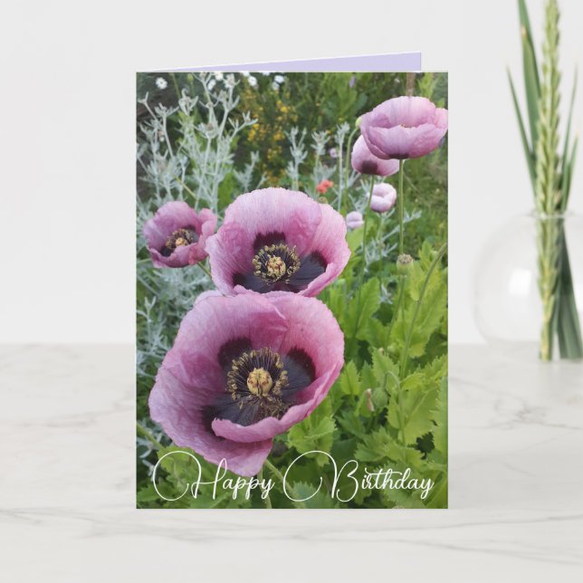 Flores Púrpura Floral Poppy Foto Tarjeta de cumple (Anverso)