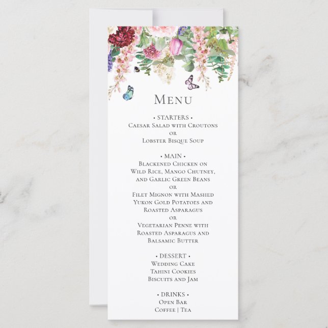 Flores púrpura rosa con carta de menú de mariposas (Anverso)