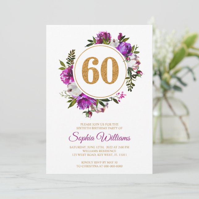Flores púrpuras Invitación de cumpleaños número 60 (Anverso de pie)