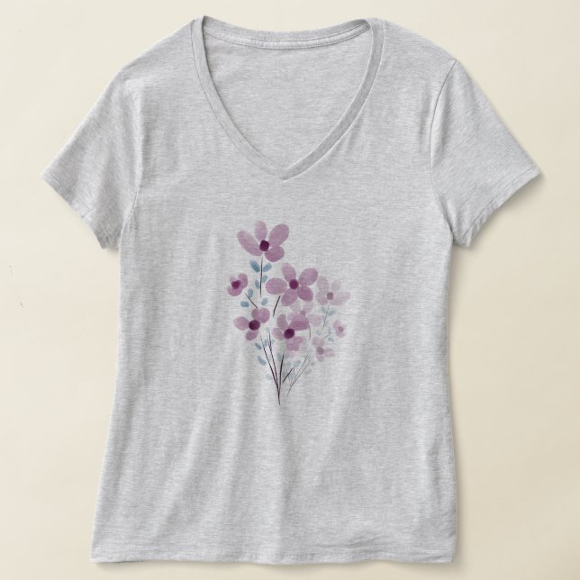 Flores púrpuras púrpura de camiseta de cuello-V pa (Distribución )