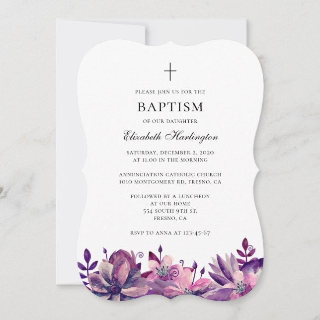 Flores púrpuras rosadas invitación al bautismo acu (Anverso)