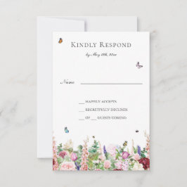 Flores púrpuras rosas con tarjeta RSVP de mariposa
