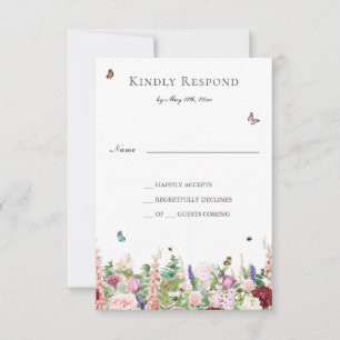 Flores púrpuras rosas con tarjeta RSVP de mariposa