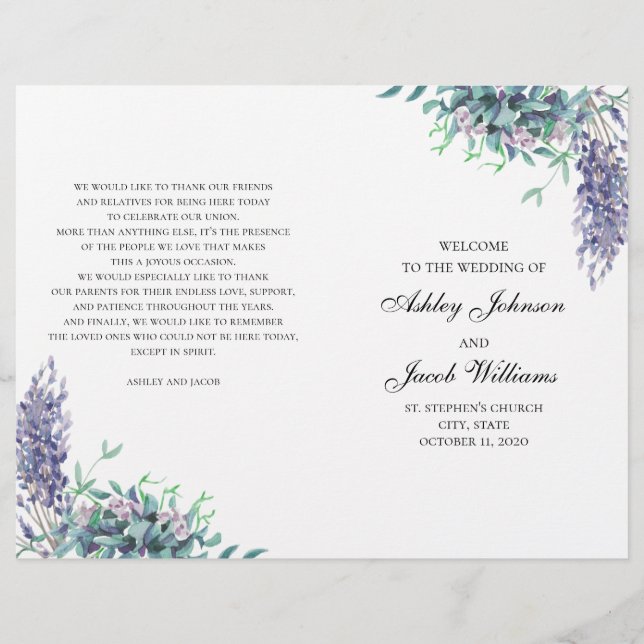 Flores púrpuras y azul verdoso. Programa de boda d (Anverso)