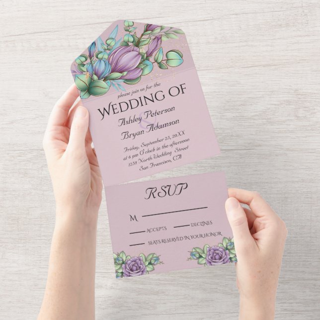 Flores Purpúreas Invitación de Boda Todo en Uno (desgarro)